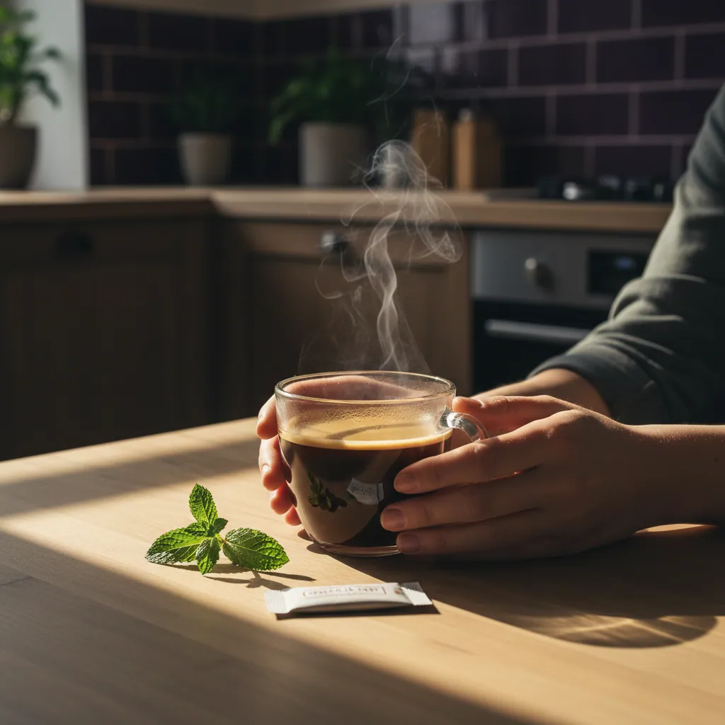 Hands warming around a glass mug of botanical coffee - morning wellness routine with Wellaray Coffee